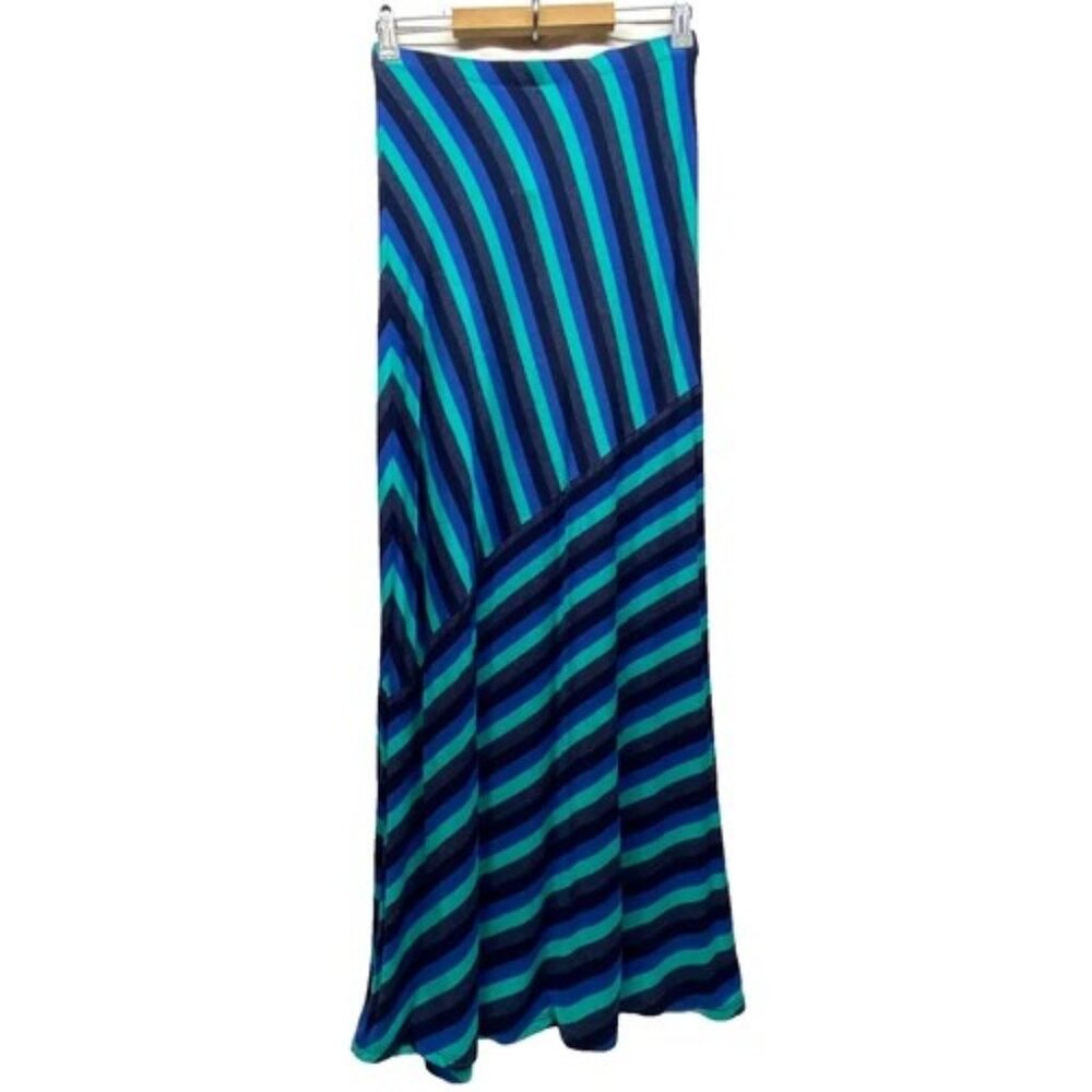 Matty M Maxi Skirt Women's XS‎ Blue Green Black Striped Rayon Blend Pull On EUC